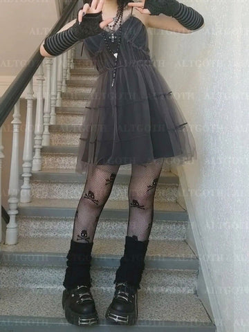 Sonicelife Y2k Gothic Mesh Dress Women Fairycore Grunge Streetwear Sexy Spaghetti Strap High Waist A-line Dress Soft Goth Outfits