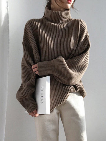 Sonicelife Korean Simple Turtleneck Sweaters Women Lazy Wind Loose Long Sleeve Office Lady Knitted Pullovers Solid Vintage Autumn Tops