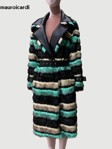 christmas outfit Sonicelife Winter Long Striped Colorful Thick Warm Fluffy Pu Leather Patchwork Faux Fur Coat Women Luxury Designer Clothes