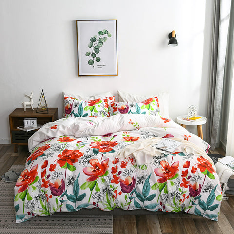 Sonicelife Nordic Bedding Set with Floral Duvet Cover Pillowcase Ins Bed Linen US AU EU Size Queen Double Home Hotel Bedclothes