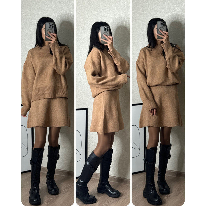 Sonicelife Elegant Knitted Sweater Skirt Sets Women O-neck Long Sleeve Loose Sweaters Mini Skirts Suits 2 Pieces 2025 Spring Lady Outfits