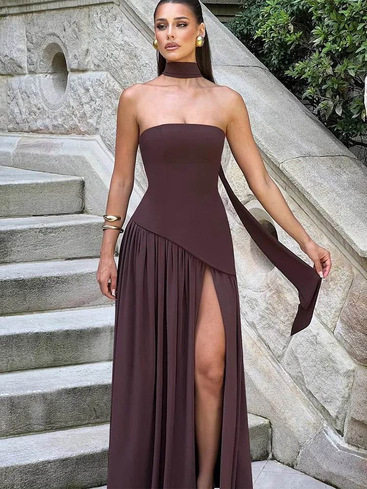 Sonicelife Elegant Solid Scarf Collar Pleated Open Fork Long Dress Sexy Patchwork Sleeveless Backless Gown New Lady Party Club Vestido 2025