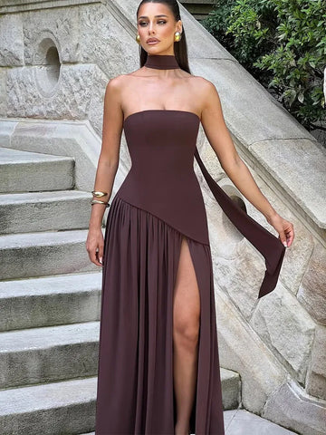 Sonicelife Elegant Solid Scarf Collar Pleated Open Fork Long Dress Sexy Patchwork Sleeveless Backless Gown New Lady Party Club Vestido 2025