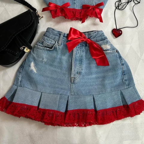 Sonicelife Y2k Denim Short Skirts Leather Denim Splicing Two Piece Set Women Hip Hop Zipper Long Sleeved Jacket Sexy Denim Mini Skirts Suit