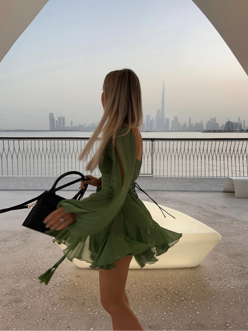 Sonicelife Chiffon Green Ruffles Mini Dresses Women Elegant Long Sleeve A Line Beach Robe Fashion Lady Ruffles Holiday Summer Party Vestido