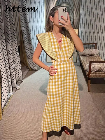 Sonicelife Fashion Plaid Print Flying Sleeve Long Dress Women V-neck Sleeveless High Waist Female Dresses 2024 Summer Lady Holiday Robe New