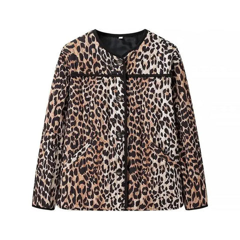 Sonicelife Panelled Leopard Print Cotton Coat Women Vintage O-neck Single Breasted Pockets Long Sleeves Quilted Jacket 2024 Lady Chic Parka