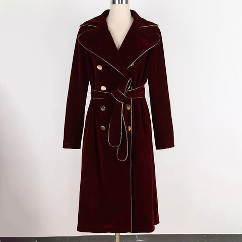 christmas outfit Sonicelife Spring Long Burgundy Soft Velvet Trench Coat for Women with Gold Trim Double Breasted ElegantLuxury Designer Clothes