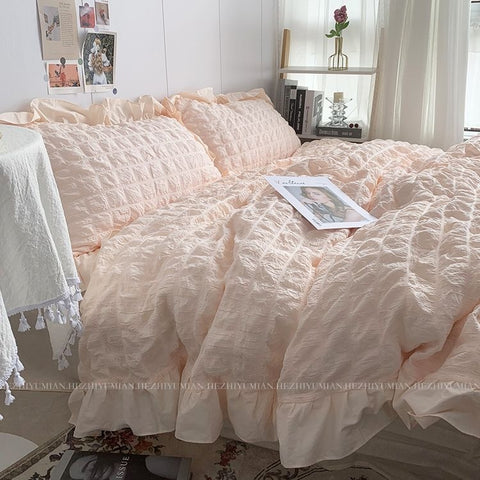 Sonicelife INS Girl Blue Bedding Sets Solid Color Seersucker Ruffles Lace  Kawaii Soft Sheet Woman Duvet Cover Pillow Covers Quilt Cover