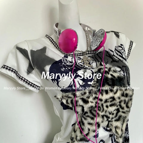 Sonicelife 2025 Summer Vintage TShirts Women Casual Leopard Print Patchwork Short Sleeve Top Y2k 2000s Sweet Cool Punk Subculture Tees New