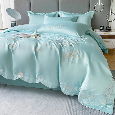 Sonicelife Fresh 120 Cotton Four-Piece Set Girl's Heart Butterfly Embroidered Cotton Quilt Cover Fitted Sheet Bare Sleeping Bedding