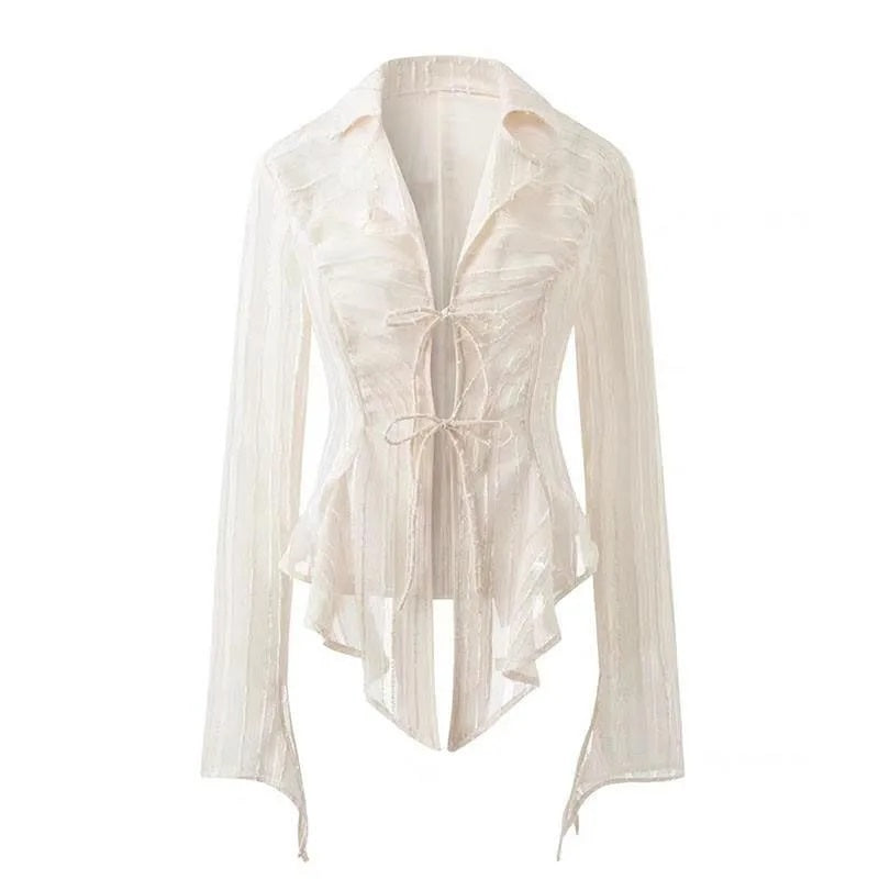 Sonicelife Sexy Lace Up Women Blouse Long Sleeve Spring New Turn-Down Collar Shirt White Y2K Korean Fashion Ladies Tops