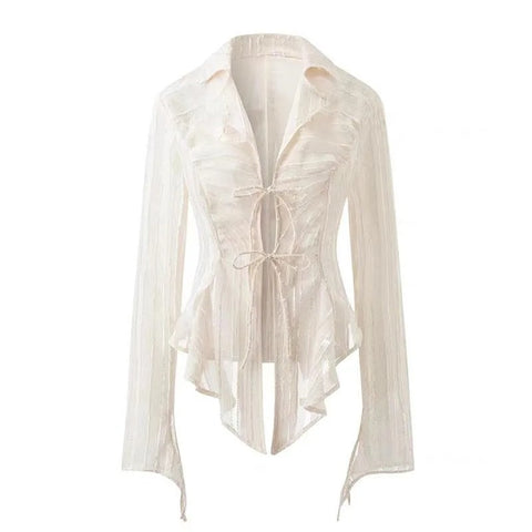 Sonicelife Sexy Lace Up Women Blouse Long Sleeve Spring New Turn-Down Collar Shirt White Y2K Korean Fashion Ladies Tops