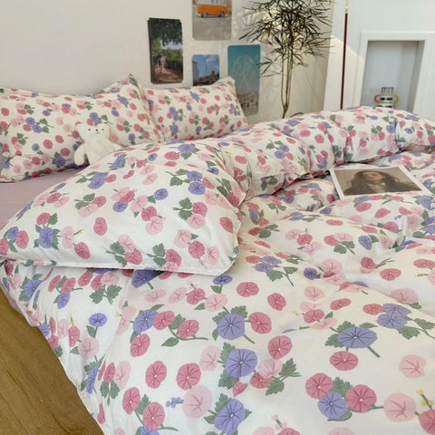 Sonicelife Floral Bedding Set Korean Style Twin Double Size Duvet Cover No Filling Pillowcases Sheet Fashion Boys Girls Gift Home Textile