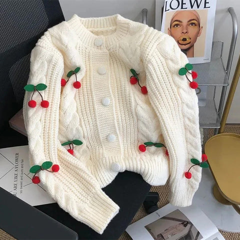 Sonicelife 3d Cherry Sweet Cardigan Sweaters Women Casual Elegant Long Sleeve Korean Knit Coat Fall Loose Fashion Design Female Top