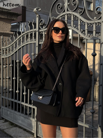 Sonicelife Elegant Woolen Blends Coat Women Loose Lapel Single Breasted Long Sleeve Pockets Jackets 2024 Autumn Lady Street Thicken Outwear