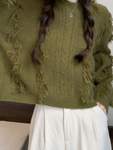 Sonicelife-Solid Tassel Cable Knit Sweater