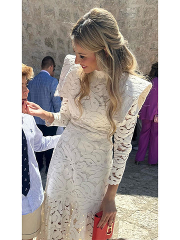 Sonicelife Elegant Hollowed Lace Maxi White Dress Women Fashion Mock Neck Long Sleeved Shoulder Padded Robes 2025 Evening Women's Clothing
