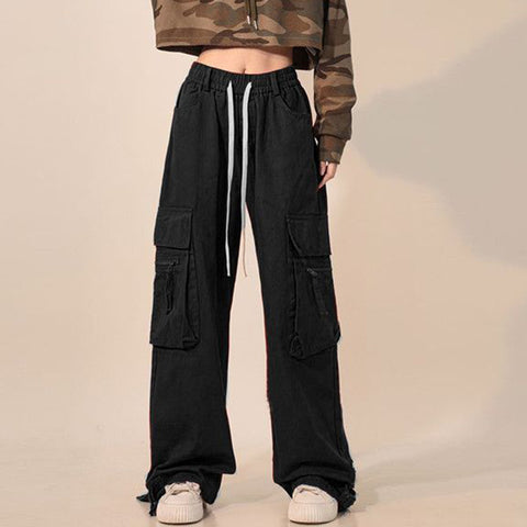 Sonicelife Gldyq Y2K Women Cargo Pants Vintage Hip Hop High Waist Trousers Korean Ladies Casual Retro Harajuku Big Pockets Wide Leg Pants