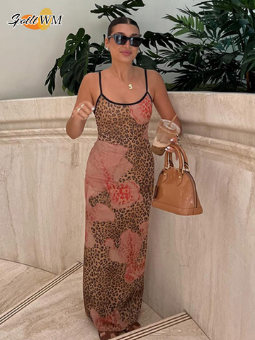 Sonicelife Summer Lady Leopard Print Long Dress Women Elegant Slim Fit U Neck Sleeveless Maxi Dresses New Spring Female Party Robes Gowns