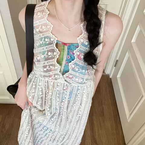 Sonicelife White Lace Dress Women Korean Y2K Sweet Elegant Beach Tanks Dress Retro Floral Bohemian Camis Vestidos Ladies Summer New