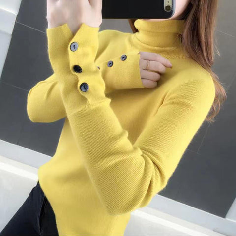 Sonicelife Women Turtleneck Solid Warm Sweater Buttons Long Sleeve Knit Basic Pullover Slim Office Jumper For Women 2024 Autumn Winter