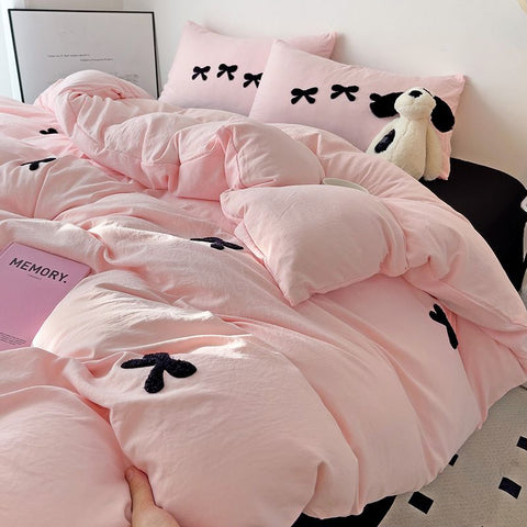 Sonicelife Ins Pink Bedding Set with Bow Embroidery Korean Soft Duvet Cover Flat Sheet Pillowcases Girls Gift Fashion Comforter Cover Set