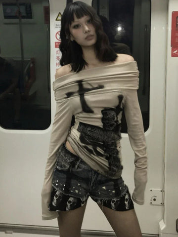 Sonicelife Y2k Subculture Fur Patchwork Sexy T Shirt Harajuku Punk Skull  Print Slash Neck Tops Streetwear Off Shoulder Fairy Vintage Tees