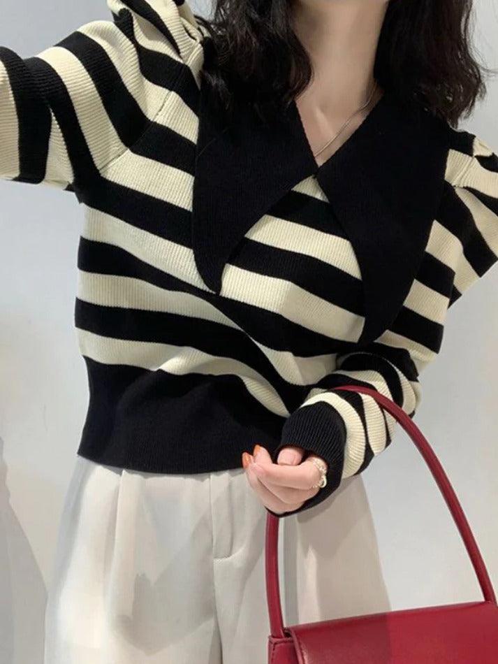 Sonicelife-Striped Puff Sleeve Knit Sweater