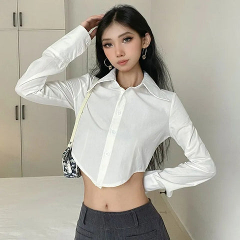 Sonicelife Cropped Sexy Women White Shirt Long Sleeve Slim Design Blouse Fall Female Fashion Streetwear Turn Down Collar Amercian Tops