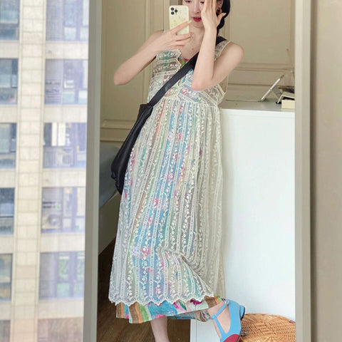 Sonicelife White Lace Dress Women Korean Y2K Sweet Elegant Beach Tanks Dress Retro Floral Bohemian Camis Vestidos Ladies Summer New