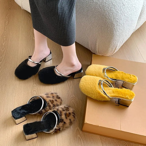 Sonicelife Comfortable Soft Fur Mules Slippers Women Autumn Winter Square Heels Warm Plush Slippers Woman High Heel Faux Fur Slides