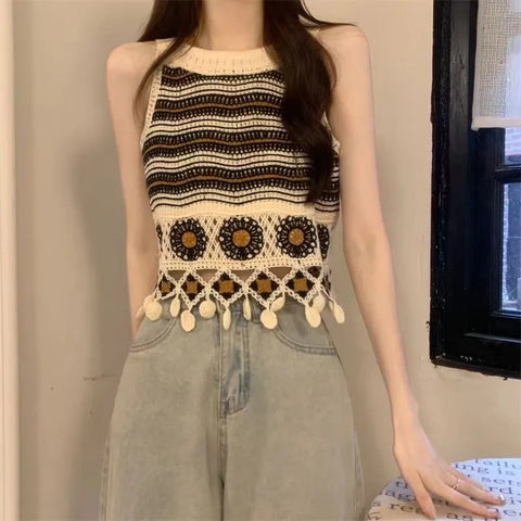 Sonicelife Hollow Out Crop Tanks Women Summer Knit Striped Sexy Bohemian Sleeveless T Shirt Retro Casual All Match Elegant Camisole Tops