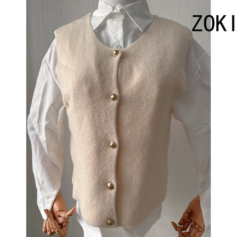 Sonicelife Gold Buttons Cardigan Vests Women Vintage Simple Sleeveless Gray Knitted Jackets Vest Fall Casual Lady Slim Harajuku Tops
