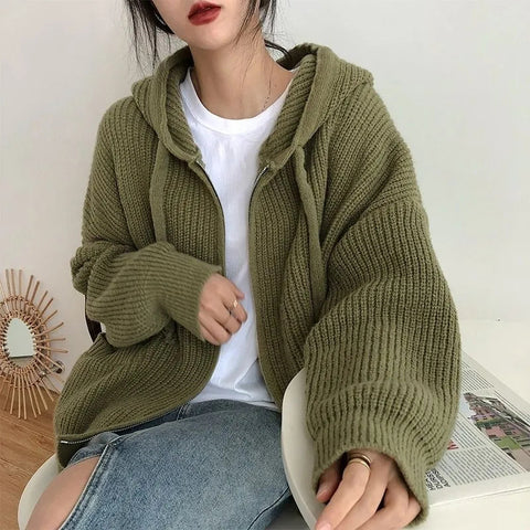 Black Friday Sonicelife Zipper Cardigan Sweater Women Knit Fall Winter Long Sleeve Harajuku Y2K Solid Jumper Loose Lazy Warm Vintage Basic Female Hoodie