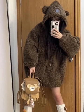 Sonicelife Womens Brown Bear Lamb Velvet Thick Cardigan Sweater Loose Hooded Sweater Cute Design Autumn Winter Warm Tops Y2K Hooded Sweater