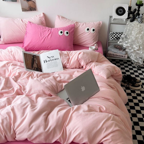 Sonicelife Ins Style Big Eyes Duvet Cover No Filling Double Mix Color Flat Sheet Pillowcases Washed Cotton Embroidery Queen Bedding Set