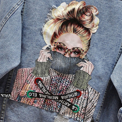 Sonicelife 2025 Autumn New Denim Jacket Women Harajuku Printed Frayed Beading Loose Casual Jeans Jacket Coat Outwear Female Jacket P521