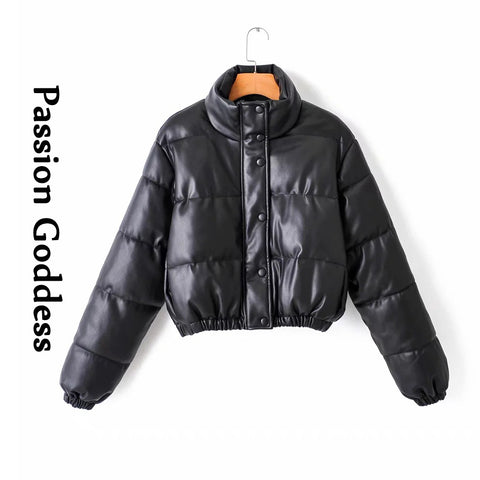 Sonicelife Winter Women Faux Leather Parkas Jacket Stand Collar Warm Bubble Coat Down Parka Puffer Jackets Outwear Cropped Parka Mujer 2020