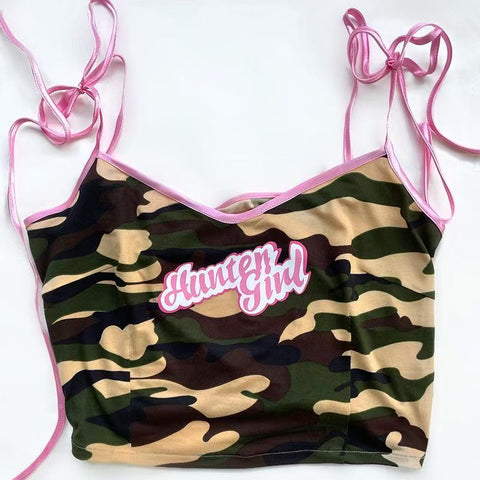 Sonicelife Aesthetic Camis Kawaii Cute Women Clothing Sweet Girl Slim Short Camouflage Tank Tops Bandage Punk Femme Tees Y2k Crop Top Emo