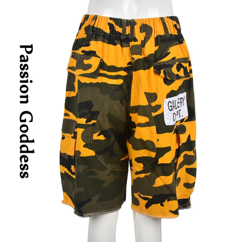 Sonicelife Fashion Women Camouflage Mid Shorts High Waist Mid-Sweatpants Letter Camo Multipocket Shorts Femme Party Cool Baggy Cargo Shorts