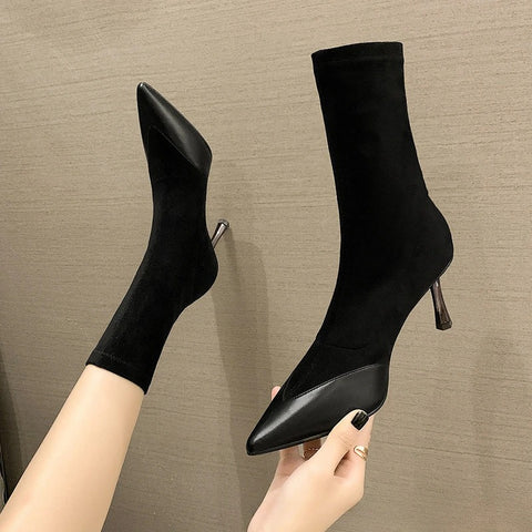 Sonicelife Socks Boots Women Stretch Fabric Elastic Stilettos Heel Sexy Pointed Toe Ankle Boots Slip-On Shoes Woman Thin Heels Party Boots