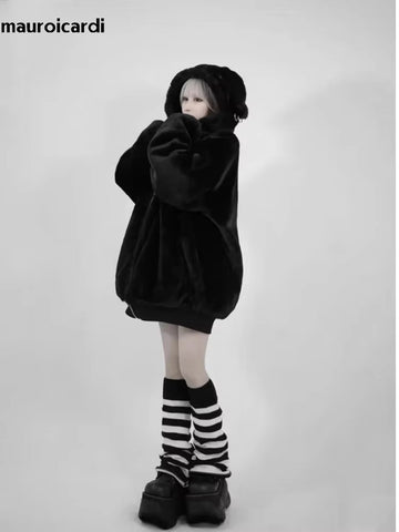 christmas outfit Sonicelife Winter Cool Oversized Warm Thick Soft Faux Fur Coat Hoodie Women with Bear Ears Punk Style Fluffy Jacket Streetwear