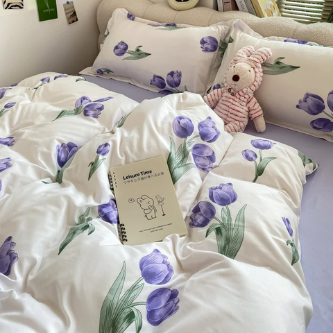 Sonicelife Floral Printed Duvet Cover Fresh Tulip Flower Comforter Cover and Sheet Pillowcase Skin-friendly Girl Home Bedding Set NO Filler