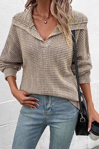 Sonicelife Khaki Lapel Long Sleeve Sweater
