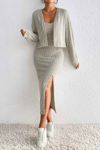 Sonicelife-Long Sleeve Cami Dress Cardigan knitted Set