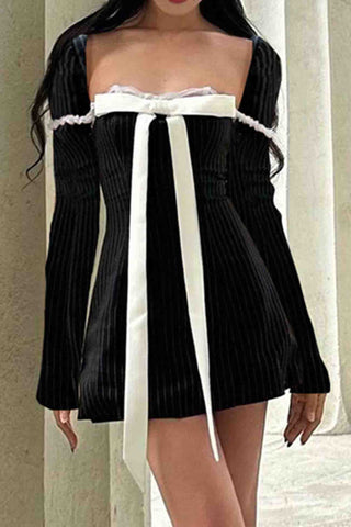 Sonicelife hoco dresses Square Neck Bow Tie Striped Long Sleeve Mini Dress