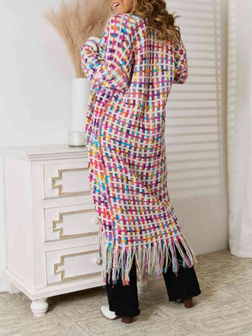 Sonicelife-Boho Multicolor Fringe Hem Longline Cardigan