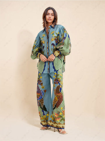 Sonicelife-Unique Holiday Printed Puff Sleeve Casual Lanyard Suit