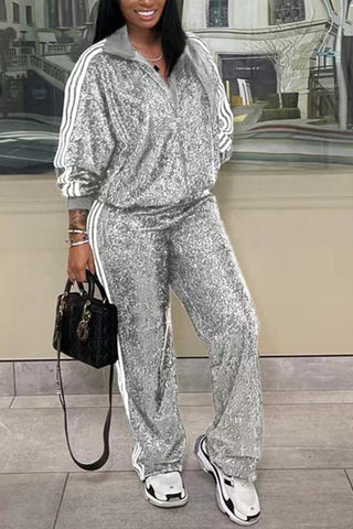 Sonicelife-Sequin Striped Tracksuit Set